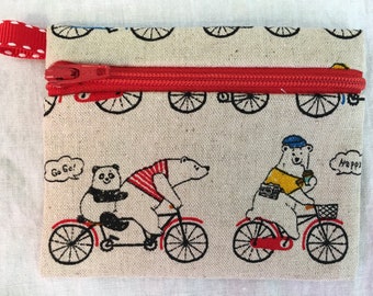 Bears on Bicycles Linen/Cotton Flat Zipper Coin Purse, Credit Card Wallet, AirPod Case, Earbud zpouch