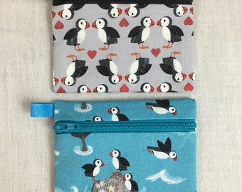 Puffin Bird Zipper Coin Purse, Credit Card Wallet, Earbud Pouch, IPod Holder -Choose Color