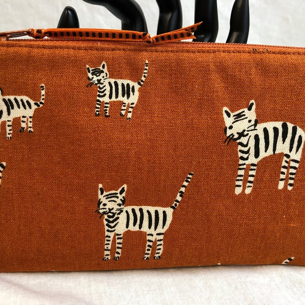 Linen/Cotton Canvas Tiger Medium Padded Zipper Bag, Canvas Zipper Bag, Cosmetic Pouch, Gadget Pouch