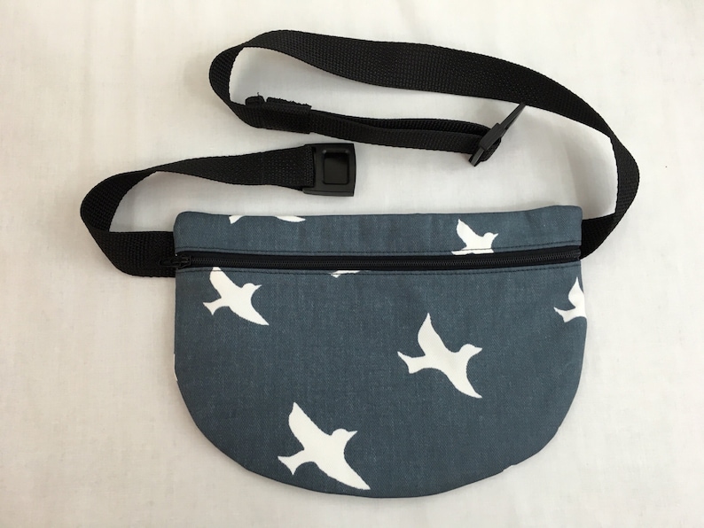 Hip Pouch-Choose Color Waist Bag Waist Pack Birds on Gunmetal or Coastal Blue Flat Zipper Fanny Pack
