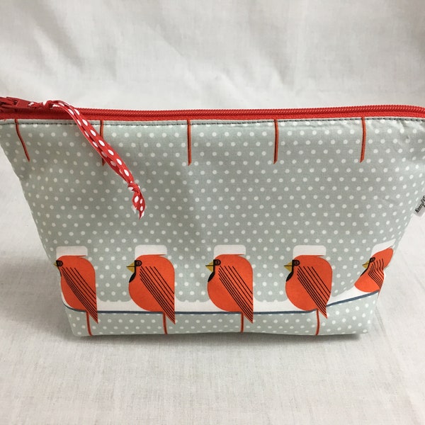 Organic Cotton Cardinal Bird Padded Zipper Cosmetic Bag, Gadget Bag, Project Bag, Clutch Bag, Organizer Bag, Clutch Bag