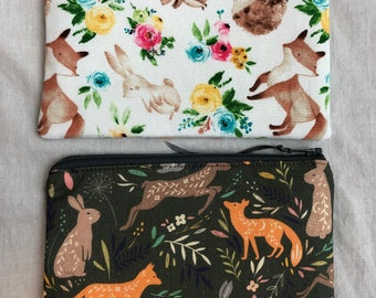 Woodland Animals Medium Padded Zipper Pouch, Cosmetic Bag, Travel Pouch, Organizer Pouch