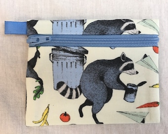 Raccoon in Garbage Flat Zipper Coin Purse, Credit Card Wallet, AirPod Case, Earbud Pouch - Choose Color