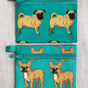 Teal Pug Dog or Bulldog Zipper Coin Purse, Credit Card Case, Earbud Pouch, Music Player Pouch