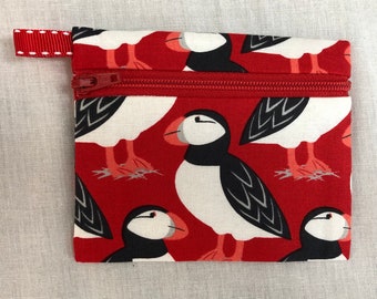 Red Puffins Flat Zipper Coin Purse, Credit Card Wallet, Earbud Pouch, IPod Holder - Choose Color