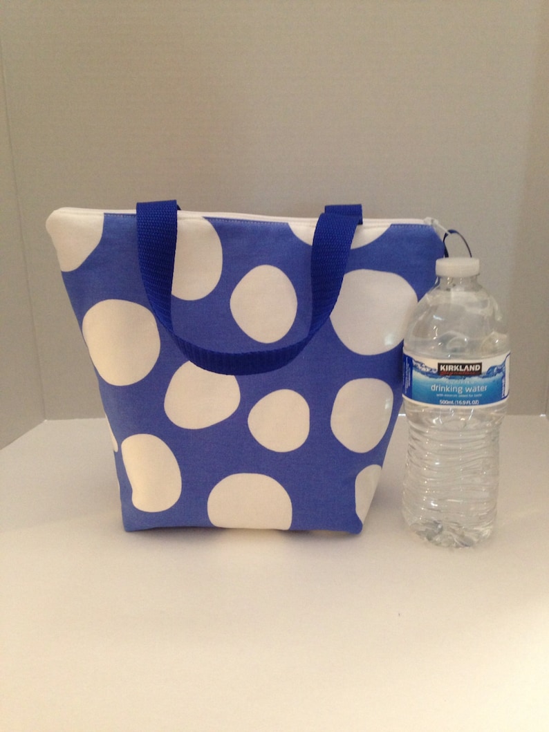 Blue and White Dot Zippered Padded Lunch Bag Tote Bag Purse Cotton Handmade