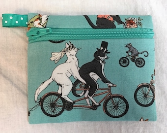 Cats on Bicycles  Flat  Zipper Coin Purse, Air Pod Case, Credit Card Wallet, Earbud Pouch