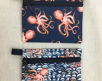 Octopus Flat Zipper Coin Purse, Credit Card Wallet, Earbud Pouch, IPod Holder