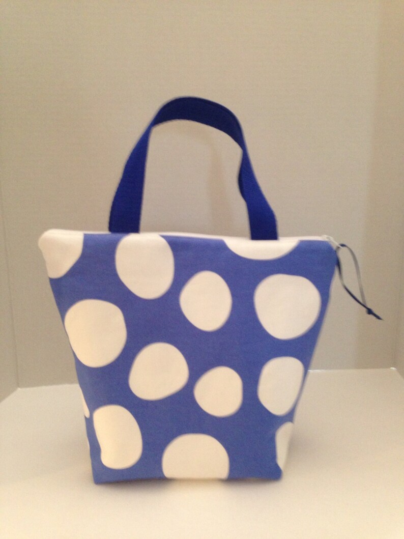 Blue and White Dot Zippered Padded Lunch Bag Tote Bag Purse Cotton Handmade