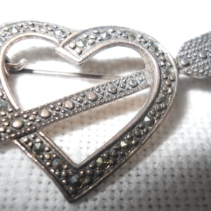 Vintage STERLING MARCASITE DEMI Brooch & Pierced Earrings Married Set Heart Shaped Signed
