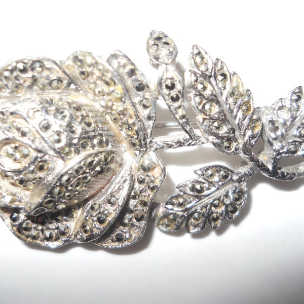 Sale Vintage MARCASITE ROSE BROOCH Classic Design Lovely Late Mid Century Unsigned Beauty