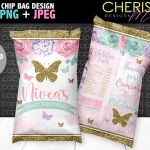Puede incluir: Un diseño de bolsa de patatas fritas rosa y verde con un borde de purpurina dorada. La parte delantera de la bolsa presenta una mariposa con alas de purpurina dorada y el texto "Nivea's First Birthday". La parte posterior de la bolsa tiene una lista de "Nutrition Facts" con el texto "Gracias por venir a celebrar".