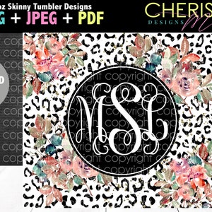 Puede incluir: Un dise&ntilde;o de vaso delgado de 20 onzas con un fondo de estampado de leopardo blanco y negro con un c&iacute;rculo negro que contiene las letras de monograma blancas "M S L" y acentos florales de acuarela en tonos de rosa, rojo, azul y verde.