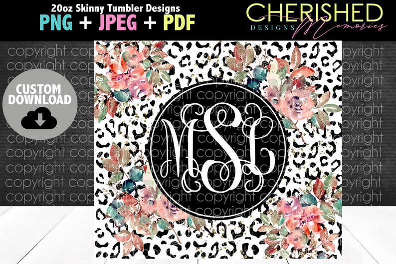 Puede incluir: Un dise&ntilde;o de vaso delgado de 20 onzas con un fondo de estampado de leopardo blanco y negro con un c&iacute;rculo negro que contiene las letras de monograma blancas "M S L" y acentos florales de acuarela en tonos de rosa, rojo, azul y verde.