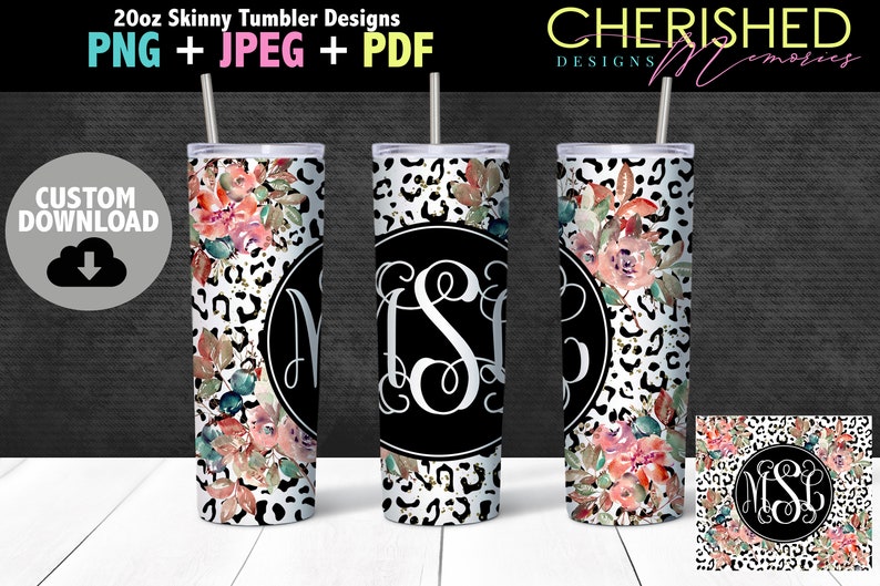 Puede incluir: Tres dise&ntilde;os de vasos delgados de 20 oz con un fondo de estampado de leopardo blanco y negro con acentos florales de acuarela y un c&iacute;rculo negro con iniciales de monograma blancas "MSL".