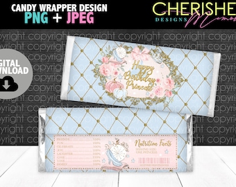 Könnte beinhalten: Ein druckbares Schokoladenriegel-Verpackungsdesign mit einem blauen und goldenen Musterhintergrund und einem rosa und goldenen Blumendesign. Der Text "Happy Birthday Princess" ist in einer goldenen Glitzer-Schriftart. Die Verpackung enthält auch ein Nährwert-Etikett mit einer Cinderella-Illustration.