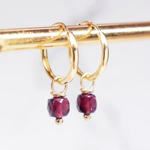 Gold earrings with red garnet, Small sleeper hoops with gemstone charms, January stone gift, Single or pair
