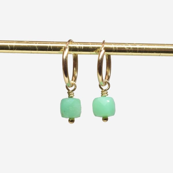 Gold earrings with chrysoprase, Huggie hoops with green gemstone cube beads, Gift for teen, Single or pair