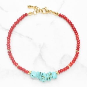 Rode koraal en turquoise armband | Zomer boho armband | Koraal sieraden cadeau | Goud | Zilver
