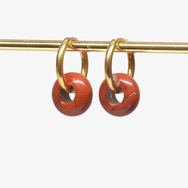 Red jasper earrings, Gold or silver hoops with gemstone donuts, Red jasper jewelry, Stainless steel earrings