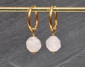 Rose quartz earrings, Gold or silver stainless steel hoops, Rose quartz jewelry, Pink love stone gift for her