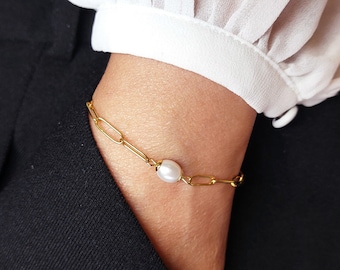 Paperclip chain bracelet with pearls | Gold rectangle link chain | Durable stainless steel jewelry