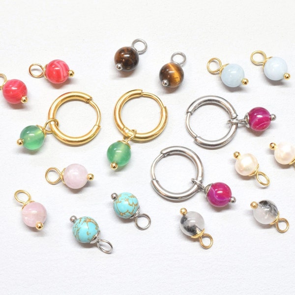 Add-on gemstone charms for hoop earrings, Stainless steel gemstone dangle, Sold per pair, Custom colors, Gold or silver