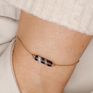 Black and gold stainless steel bracelet, Delicate staple chain wristlet, Banded agate jewelry, Gift for her