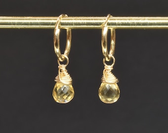 Citrien en gold filled oorbellen, Kleine oorringen met edelsteen druppel hangers, November geboortesteen cadeau