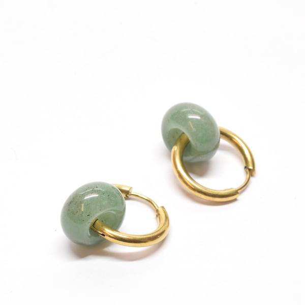 Gold hoops with green aventurine donuts, Huggie earrings with large gemstone rings, Gift for her or him, Silver