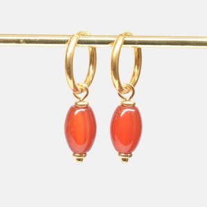 Carnelian and gold earrings, Stainless steel hoops with gemstone charms, Carnelian jewelry gift for her, Silver