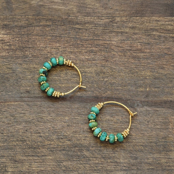 Turquoise beaded hoops | Boho Ibiza style earrings | Gold and blue hoops | Birthday gift for her