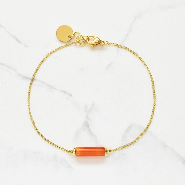 Carnelian and gold stainless steel bracelet | Delicate staple chain wristlet | Carnelian jewelry gift for her