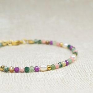 Pulsera de cuentas de ágata india / Pulsera verde y rosa con perlas / Regalo de joyería para mujer