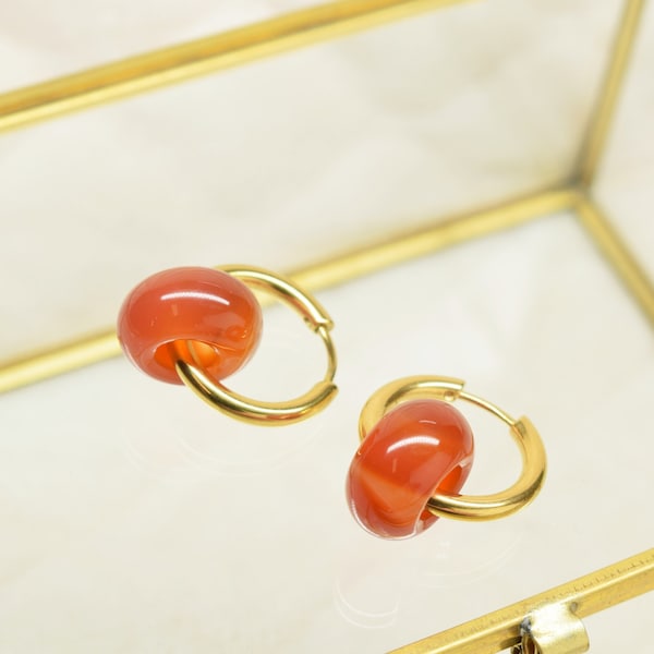 Créoles pour beignets en cornaline | Boucles d'oreilles avec cristal rouge orange | Créoles en acier inoxydable | Cadeau cornaline