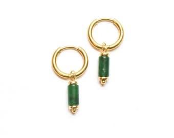 Green jade earrings | Huggie hoops with dark green charms | Natural jade jewelry | Gift for her or him | Gold | Silver