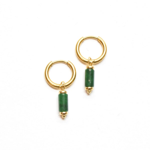 Green jade earrings, Huggie hoops with dark green charms, Natural jade jewelry, Gift for her or him, Gold, Silver