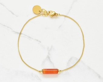 Carnelian and gold stainless steel bracelet | Delicate staple chain wristlet | Carnelian jewelry gift for her