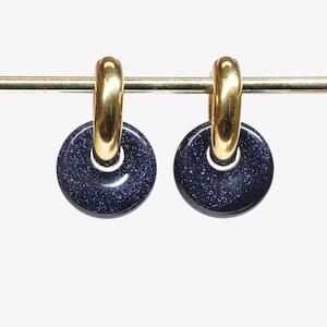 Blue stone donut huggie hoops, Earrings with blue goldstone discs, Thick stainless steel hoops, Gold, Silver