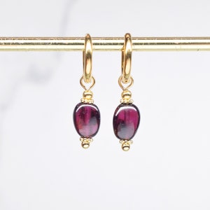 Small gold hoops with red garnet Dark red crystal earrings January birthstone gift image 2