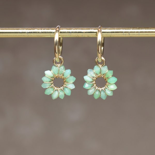 Chrysoprase dangle earrings | Wire wrapped gemstone hoops | Green flower charms | Natural stone gift