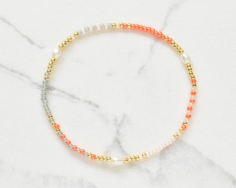 Orange and pink seed beads bracelet | Stretch bracelet with pearls | Friendship wristlet gift