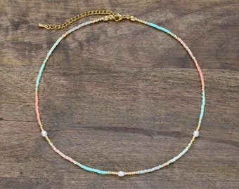 Pastel seed beads choker | Beaded necklace with pearls | Best friend gift | Summer festival choker