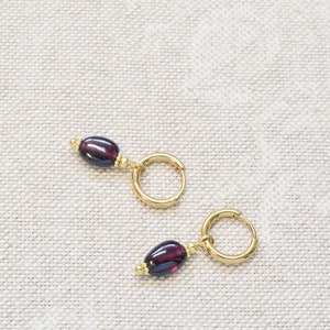 Small gold hoops with red garnet Dark red crystal earrings January birthstone gift image 1