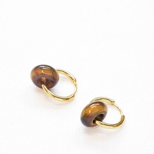 Hoops with tiger's eye donuts | Stainless steel earrings with gemstone rings | Gift for wife