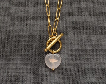Roze hart ketting | Gouden RVS paperclip ketting | Rozenkwarts sieraden | Romantisch cadeau