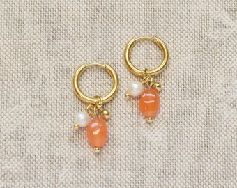 Carnelian and pearl dangle earrings | Orange red gemstone nugget hoops | Earring gift for her