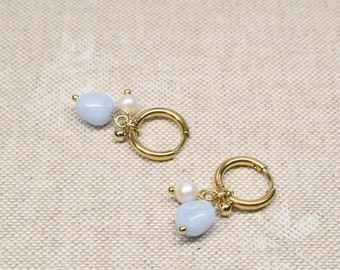 Blue lace agate earrings | Agate and pearl cluster earrings | Stainless steel huggie hoops | Jewelry gift for her