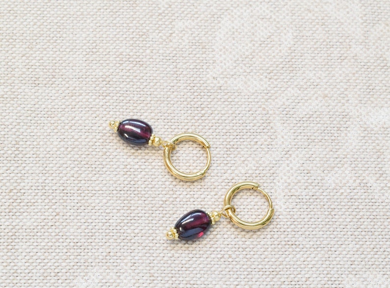 Small gold hoops with red garnet Dark red crystal earrings January birthstone gift image 1