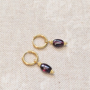 Small gold hoops with red garnet Dark red crystal earrings January birthstone gift image 4